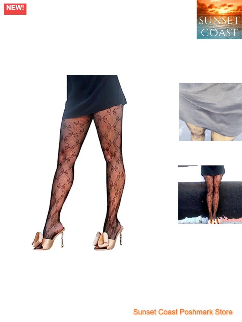 Sheer Bow Fishnet Patterned Tights High Waist Stretch Nylon Blend